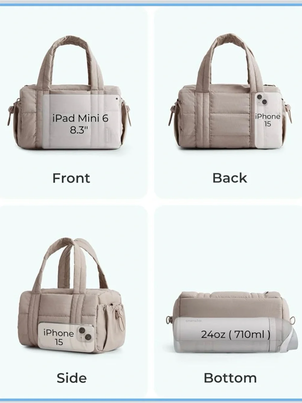 BagSmart Taupe Quilted Mini Duffle Bag